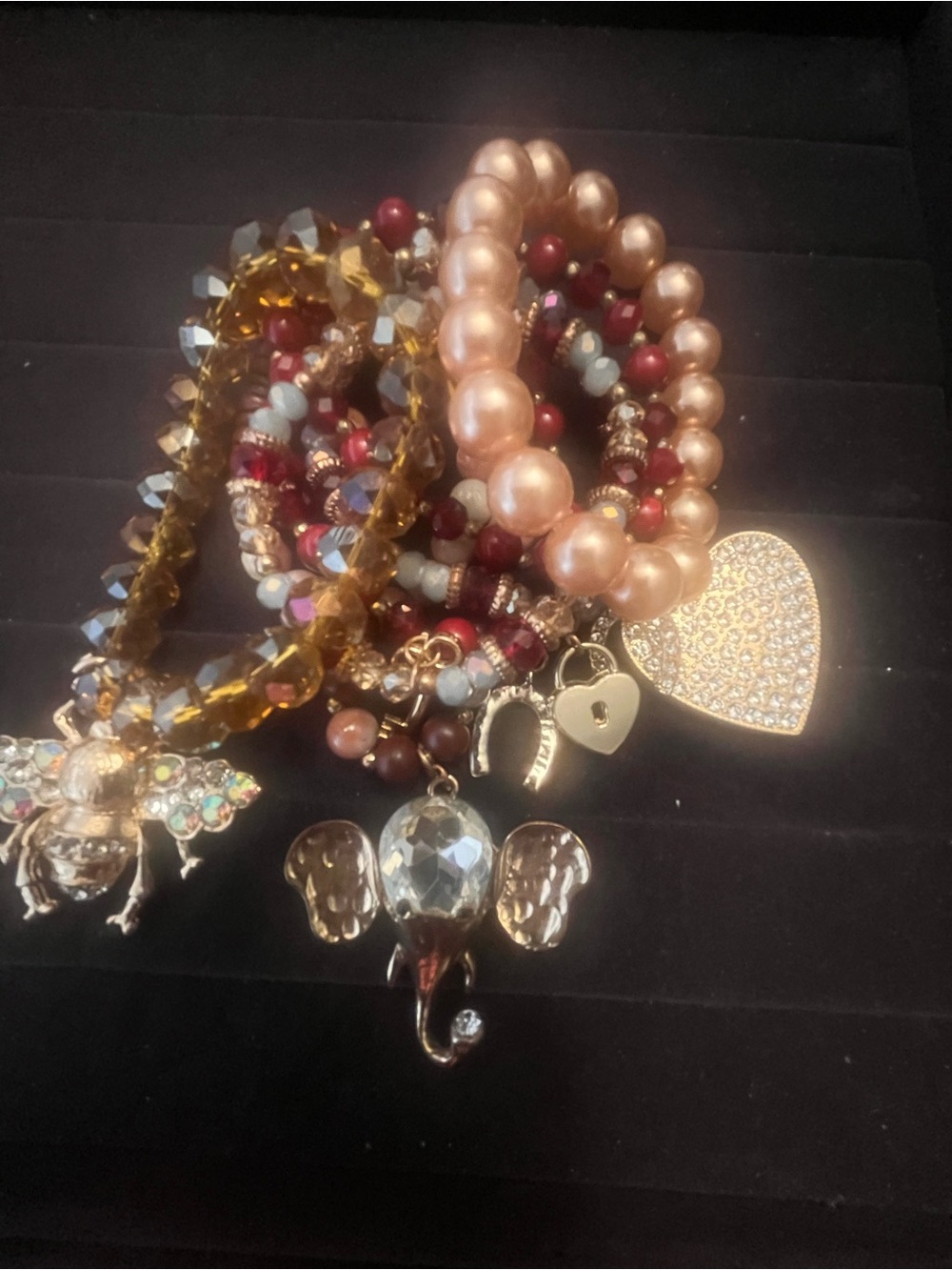 Gold and Pink Beaded Charm Bracelet Stack